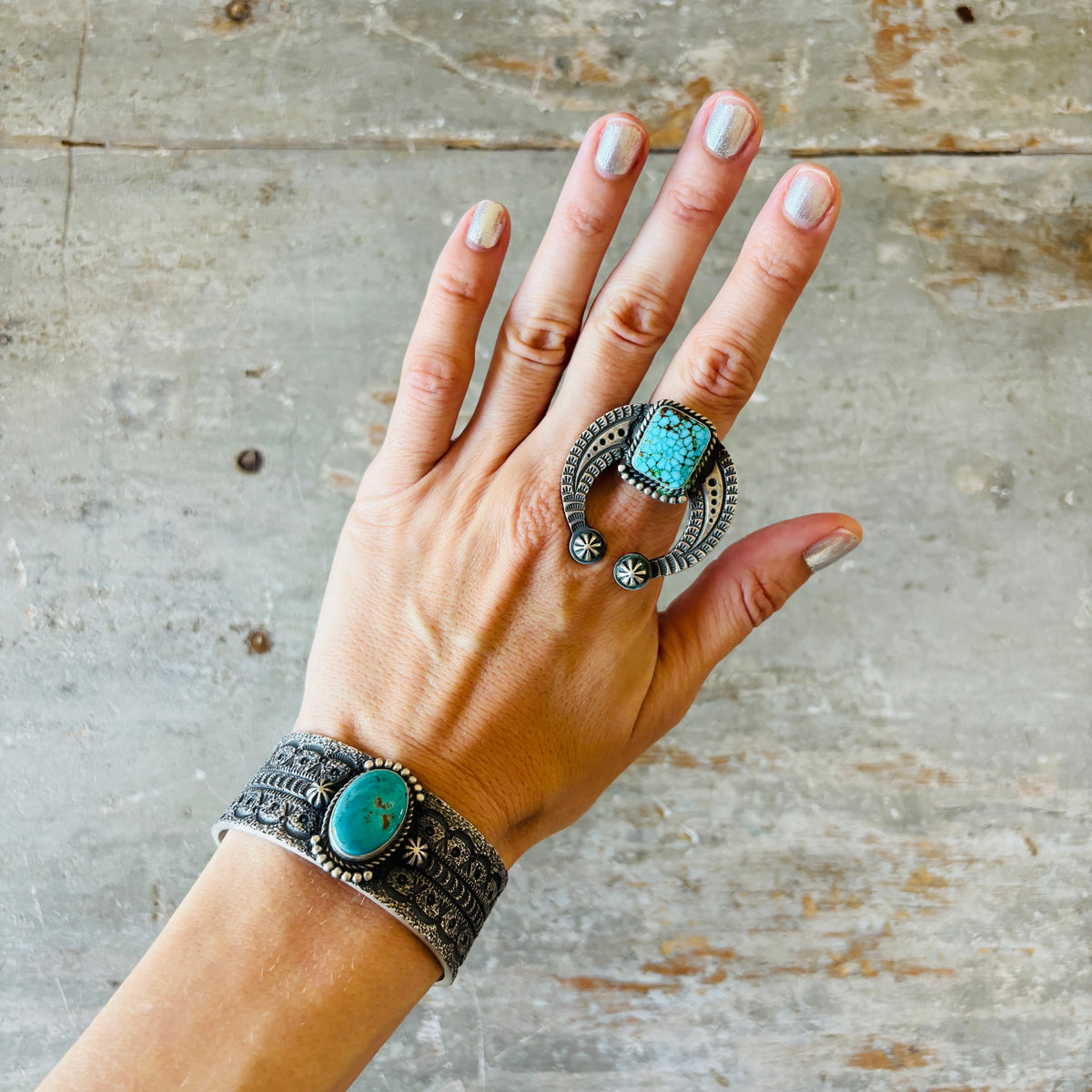 Navajo Hemerson Smith Sterling Silver & Web Kingman Turquoise Naja Ring