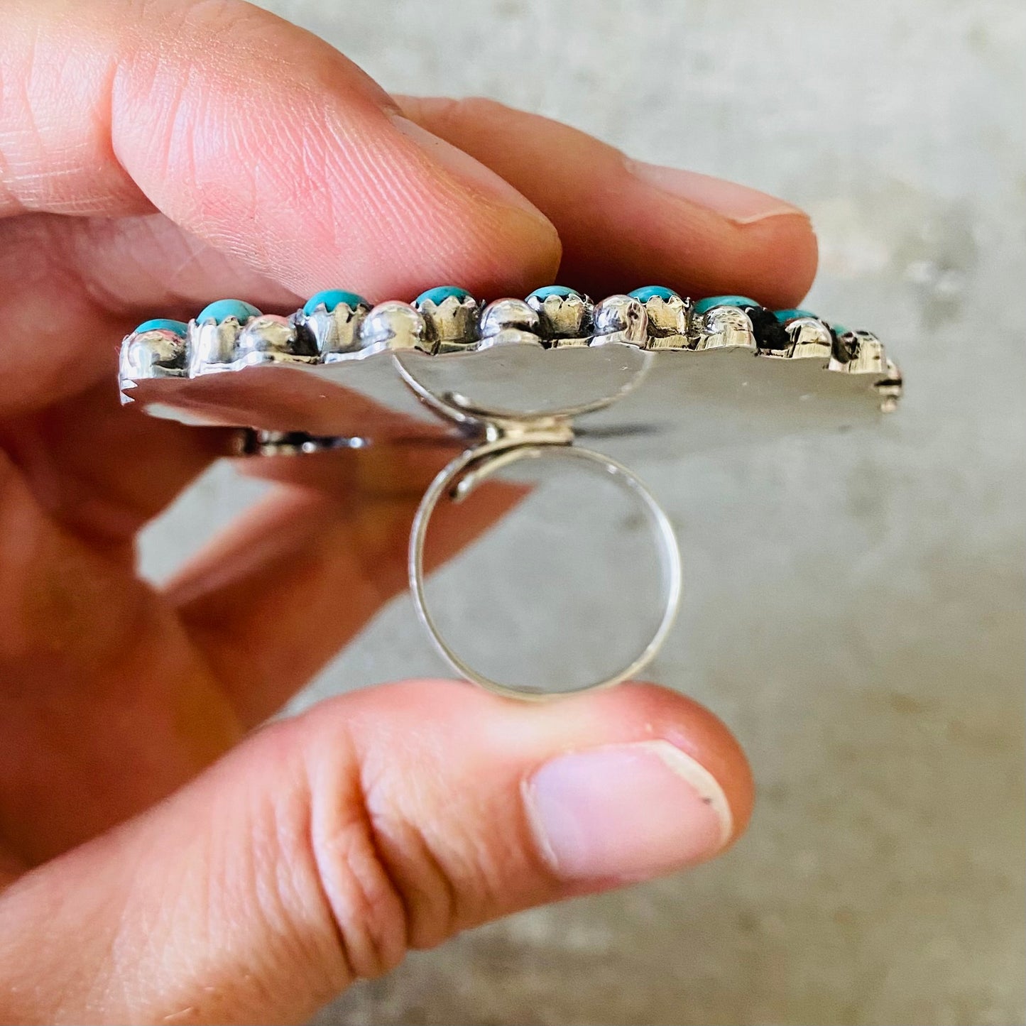 Navajo Lorenzo Jerilyn Chee Sterling Silver - Plume Agate & Kingman Turquoise Moon Ring