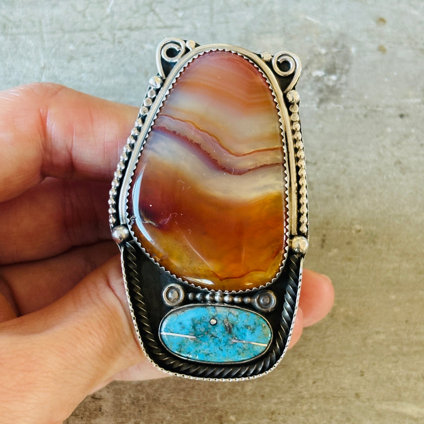 Navajo Bryan Tom Sterling Silver - Celestial Agate & Turquoise Mountain Statement Ring