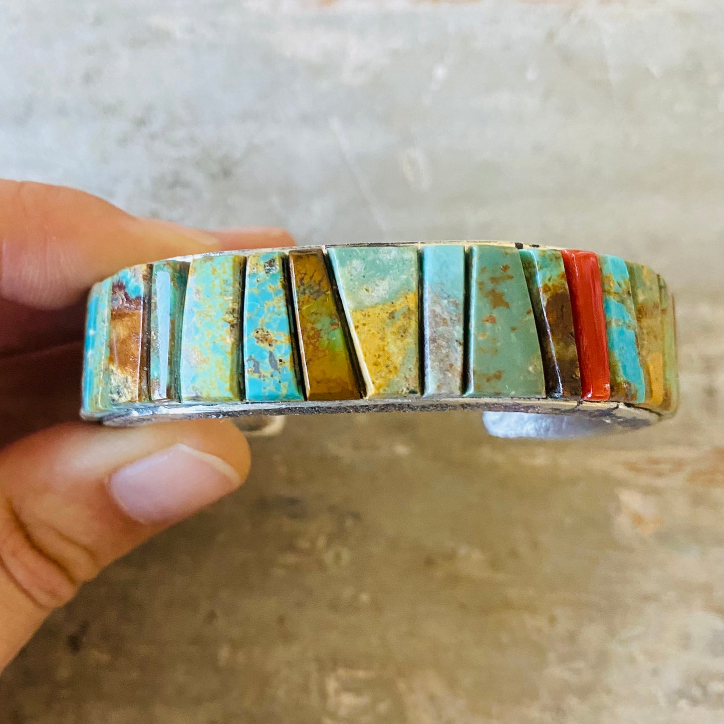 Navajo Wilson Dawes Sterling Silver - Turquoise and Red Coral Tufa Cast Cuff