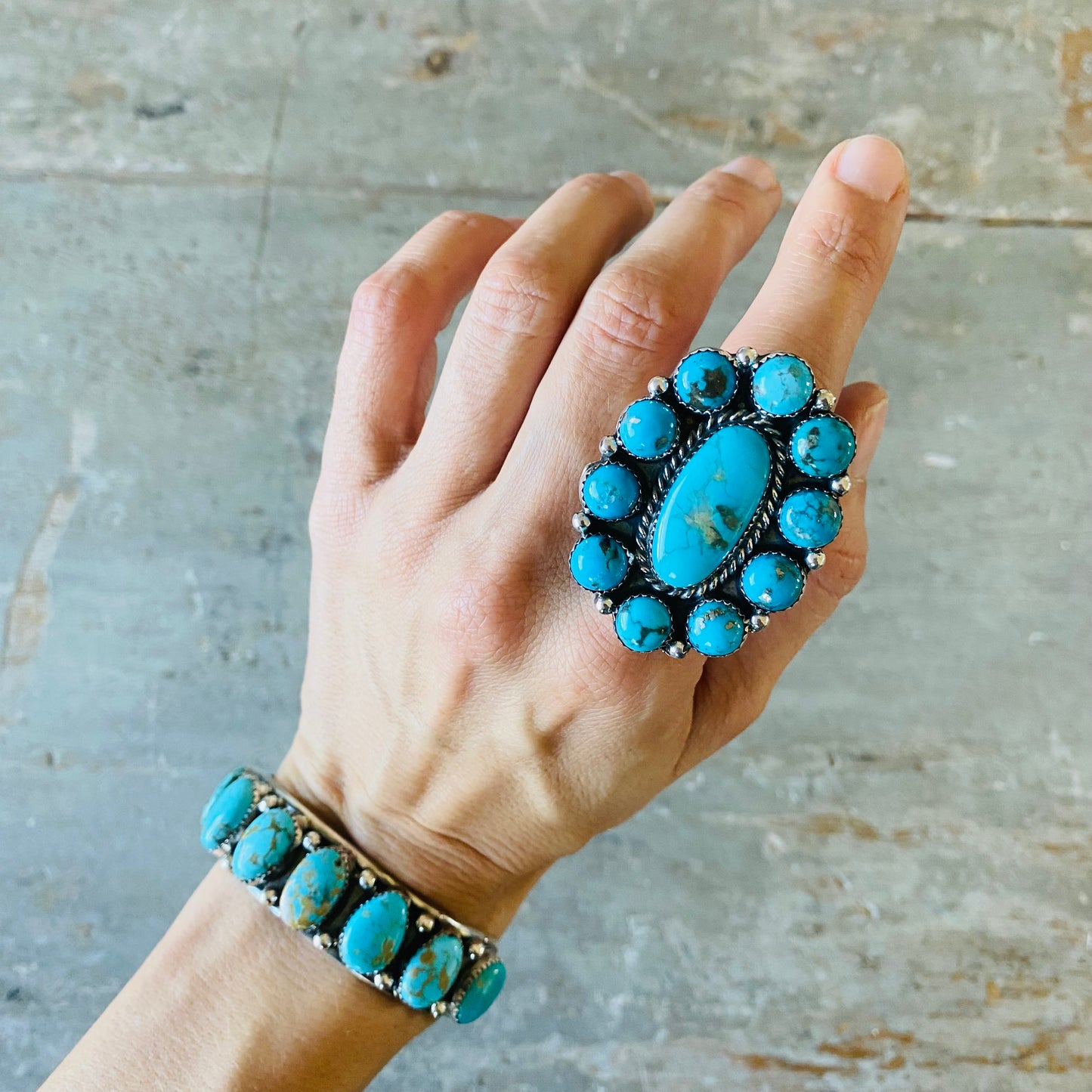 Navajo Lorenzo Jerilyn Chee Sterling Silver & Kingman Cluster Ring