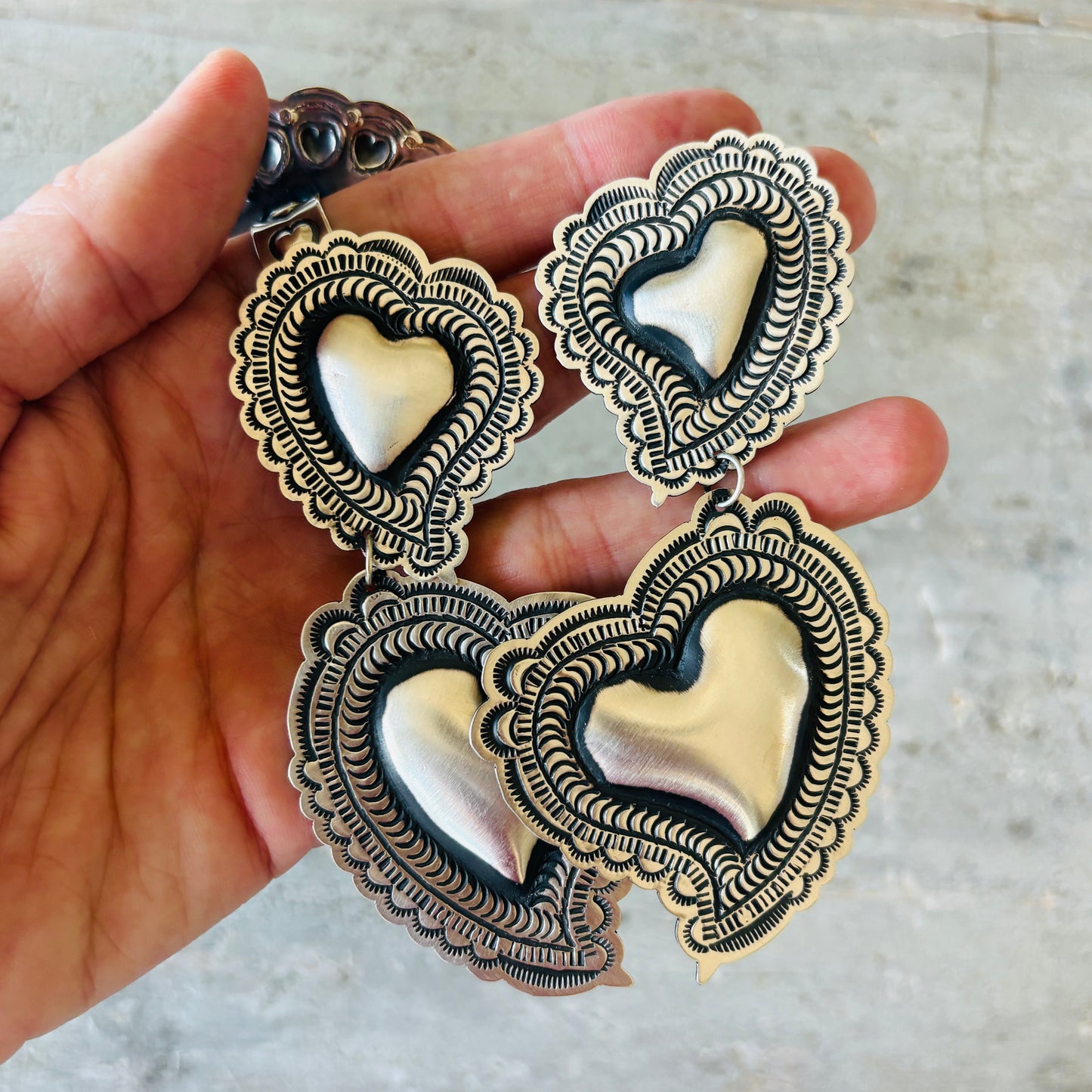 Navajo Leander Tahe Sterling Silver Double Heart Earrings