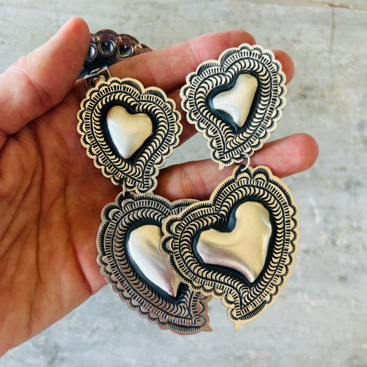 Navajo Leander Tahe Sterling Silver Double Heart Earrings