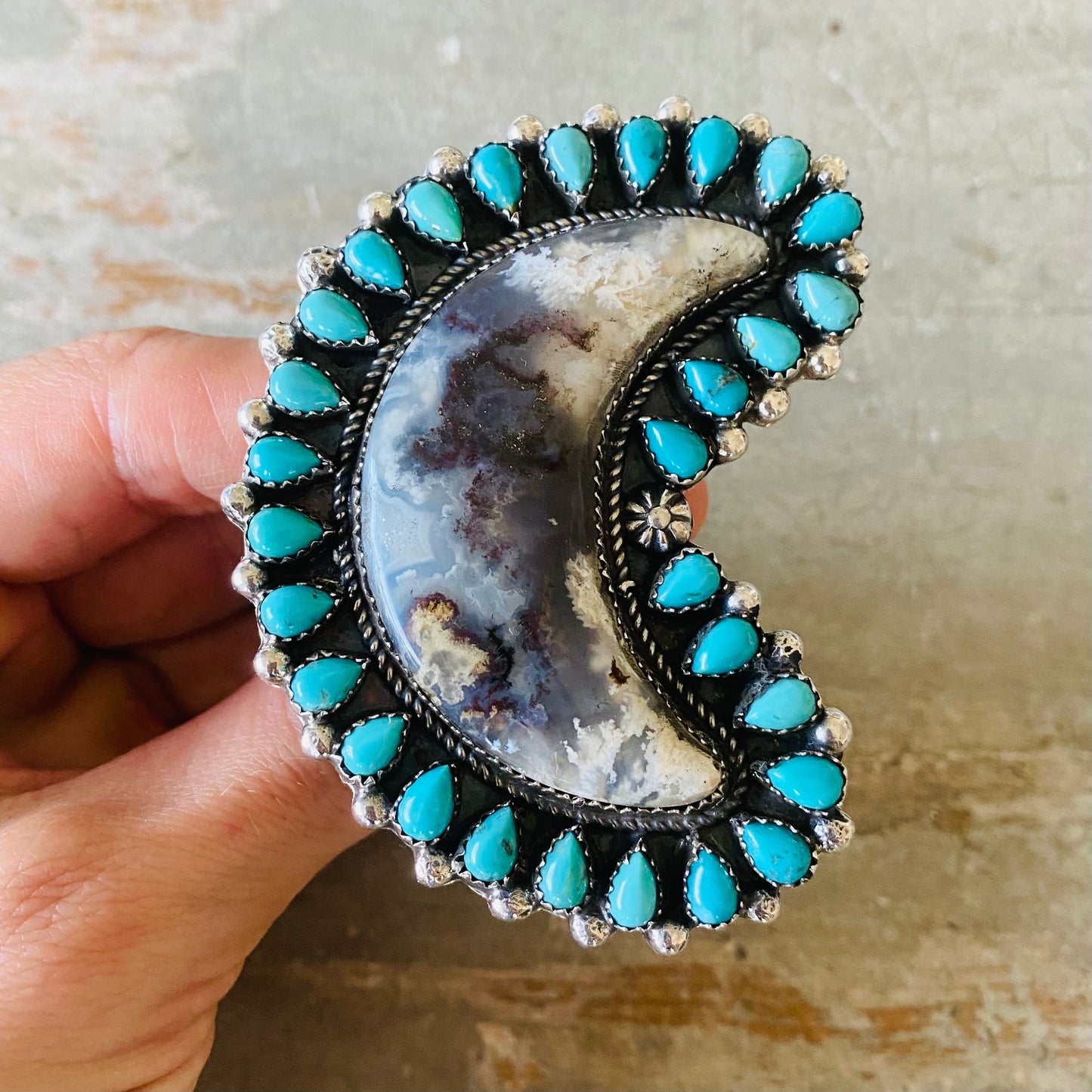 Navajo Lorenzo Jerilyn Chee Sterling Silver - Plume Agate & Kingman Turquoise Moon Ring