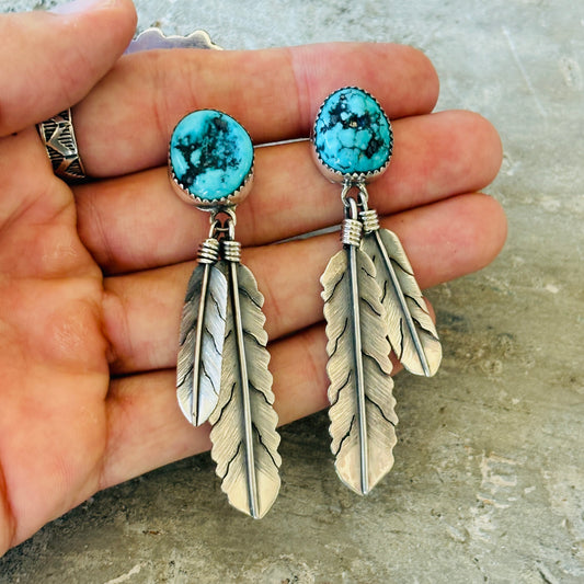 Navajo Lydia Begay Sterling Silver & Kingman Feather Earrings