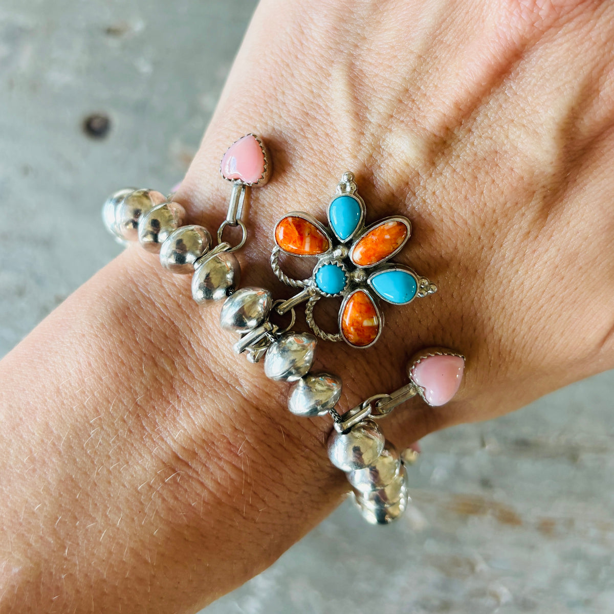 Navajo Signed Sterling Silver Multi Stone Charm Bracelet & Rings