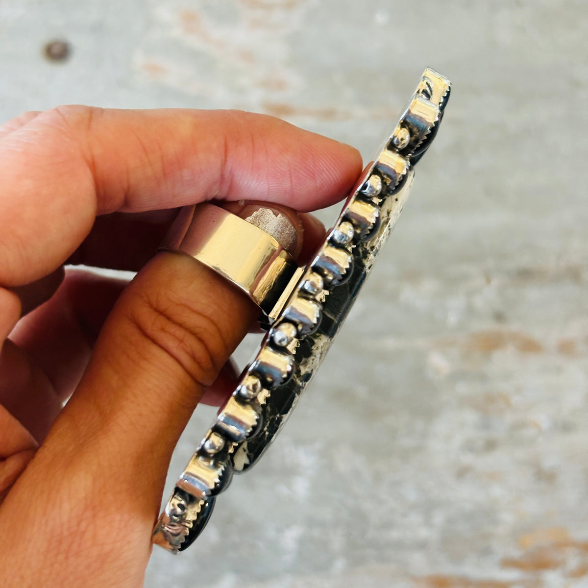 Navajo Hemerson Brown Sterling Silver & White Buffalo Cluster Statement Ring