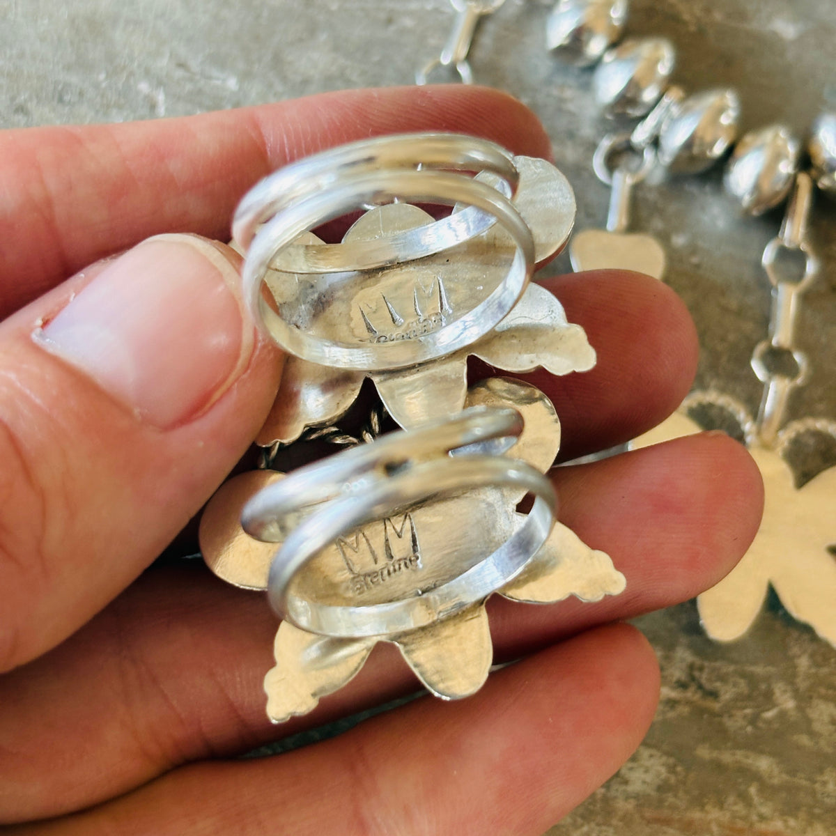 Navajo Signed Sterling Silver Multi Stone Charm Bracelet & Rings