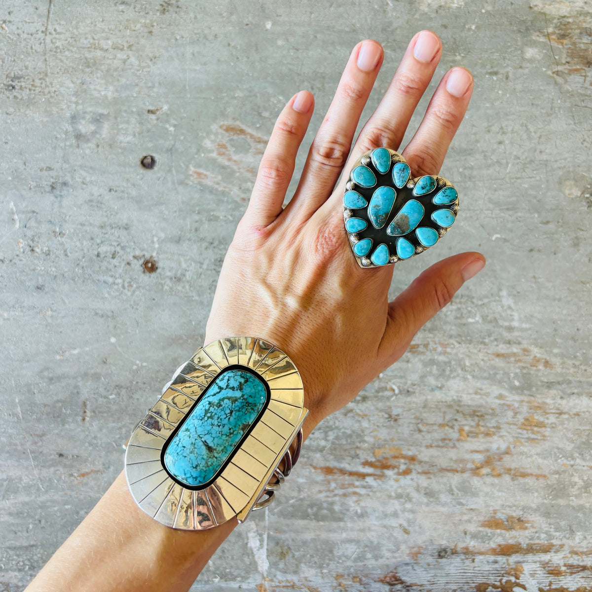 Navajo Freddy Platero Sterling Silver & Whitewater Turquoise Cluster Heart Ring