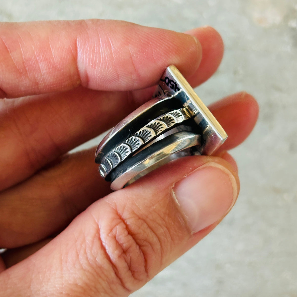 Navajo Aaron John Sterling Bear Overlay Ring