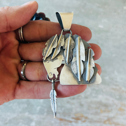 Navajo Miranda Willie Sterling Silver Horse Feathers Pendant