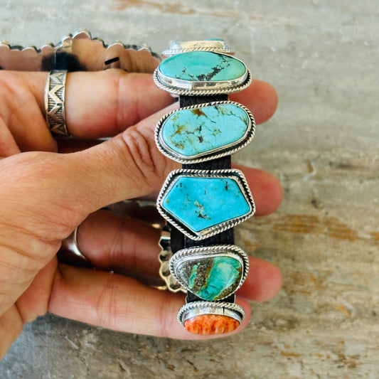 Navajo Dan Morgan Sterling Silver - Orange Spiny & Multi Turquoise Concho Bracelet
