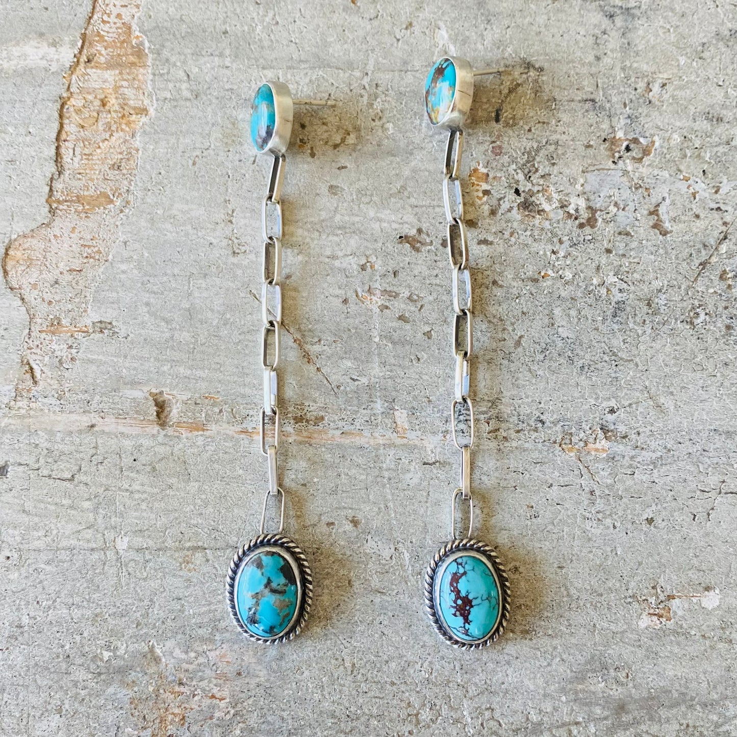 Navajo Signed Sterling Silver & Turquoise Chain Earrings