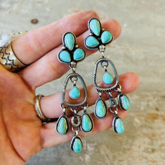 Navajo Sheila Becenti Sterling Silver & Campitos Turquoise Statement Earrings
