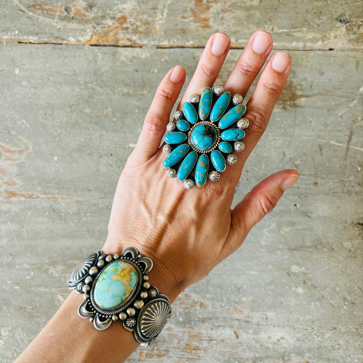 Navajo Tyler Brown Sterling Silver & Kingman Turquoise Cluster Ring