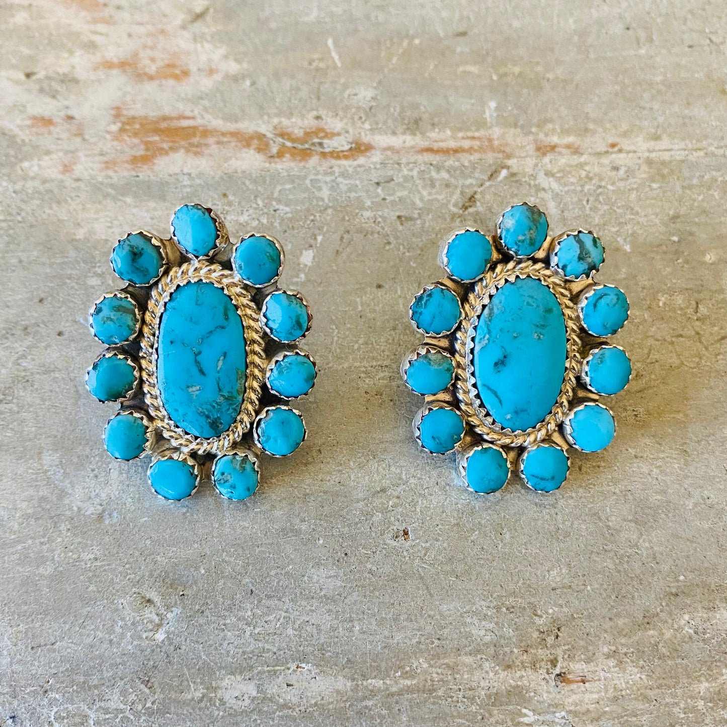 Navajo Signed Sterling Silver & Turquoise Cluster Earrings