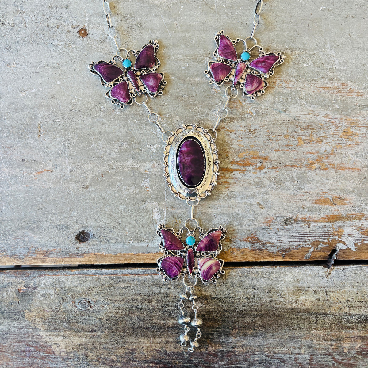 Navajo Lyanne Goodluck Sterling Silver - Purple Spiny & Sleeping Beauty Turquoise Butterfly Statement Necklace