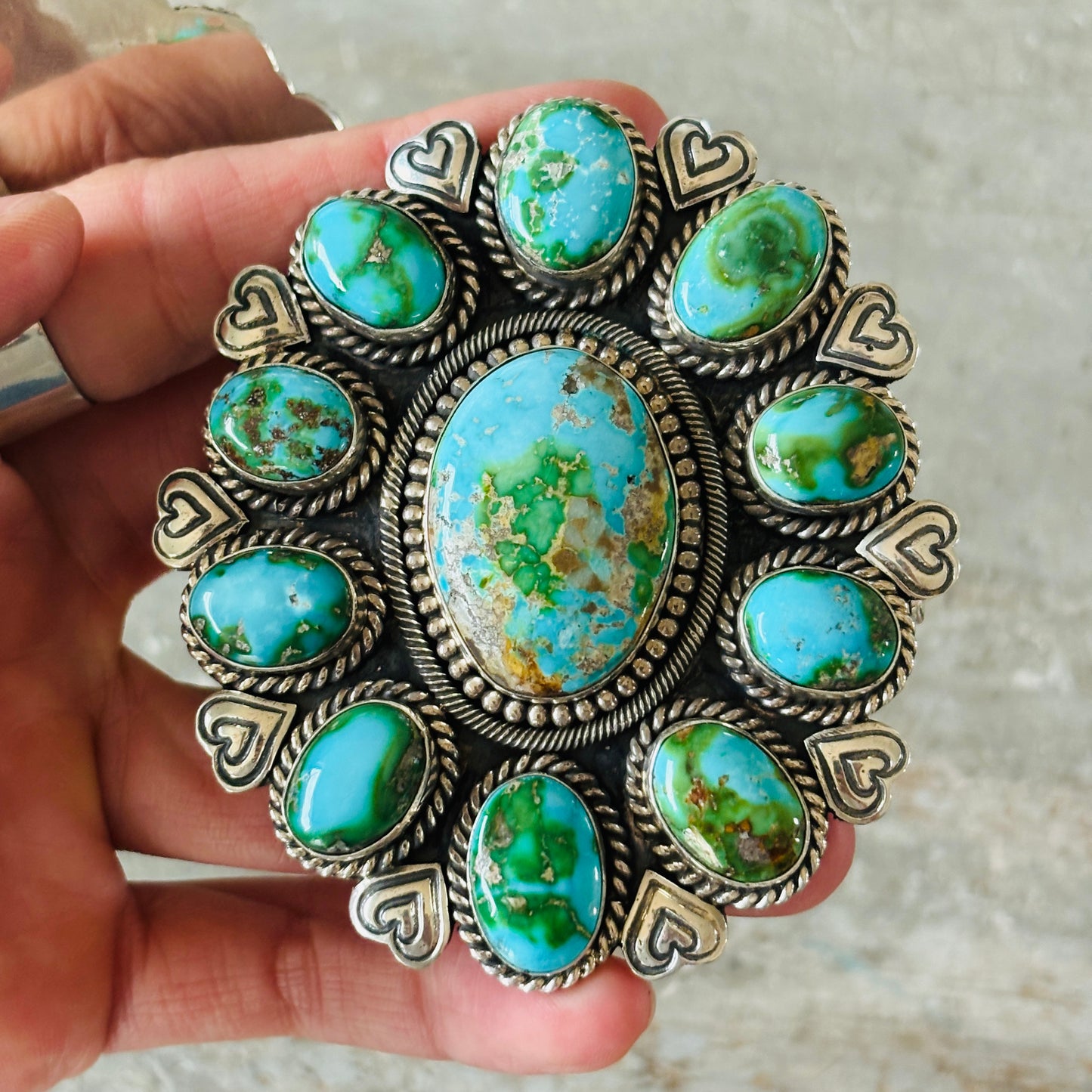 Navajo Hemerson Brown Sterling Silver & Sonoran Turquoise Hearts Cluster Cuff