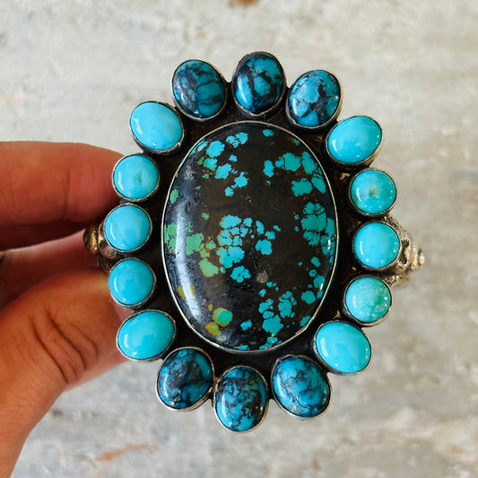 Navajo Edmund Piasso Sterling Silver & Mixed Turquoise Cluster Statement Cuff