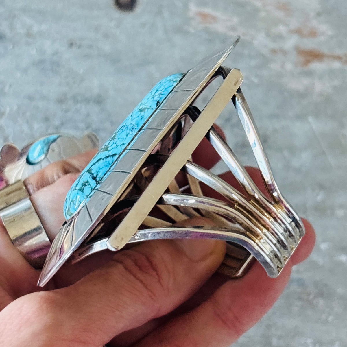 Navajo Running Bear Sterling Silver & Kingman Turquoise Statement Cuff