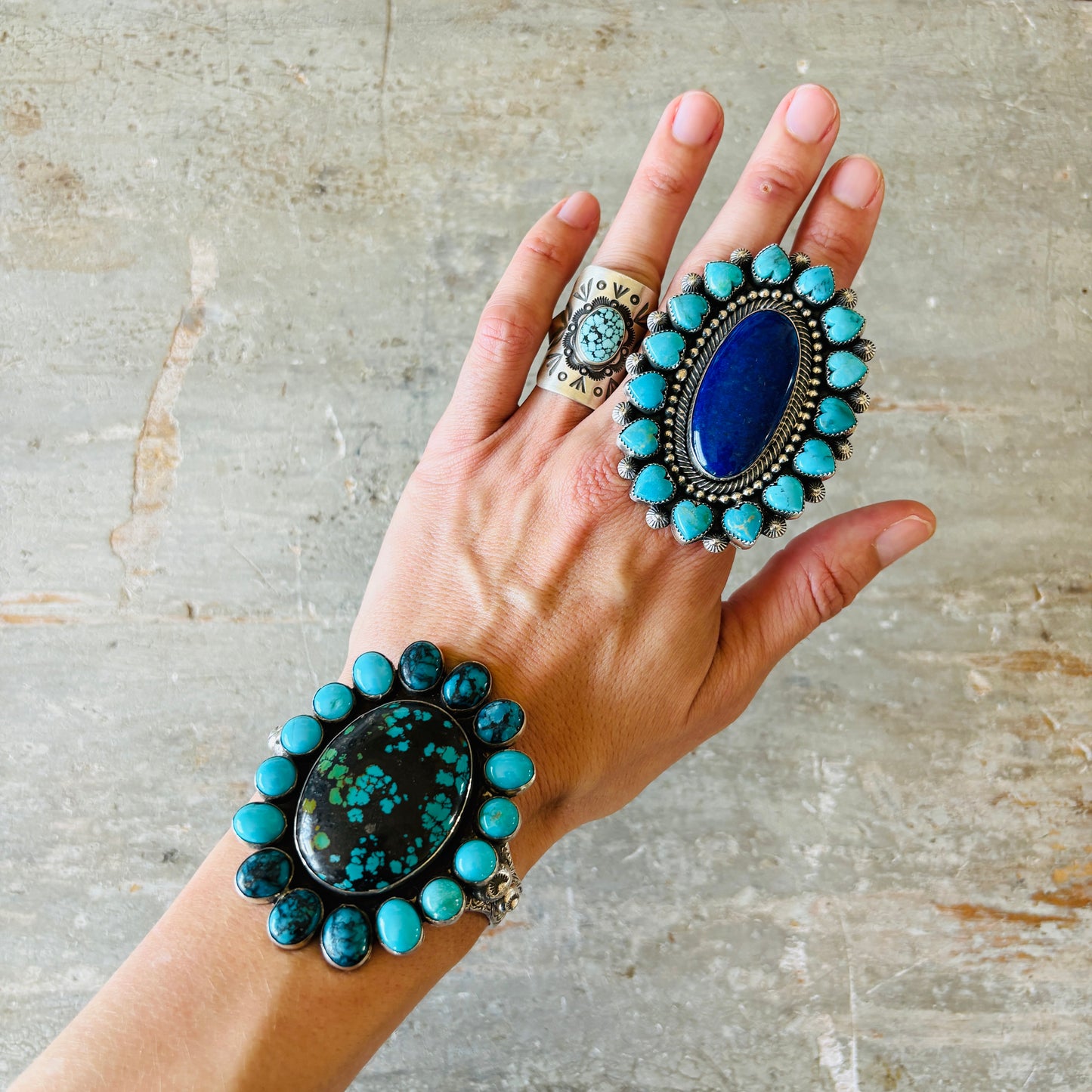 Navajo Edmund Piasso Sterling Silver & Mixed Turquoise Cluster Statement Cuff
