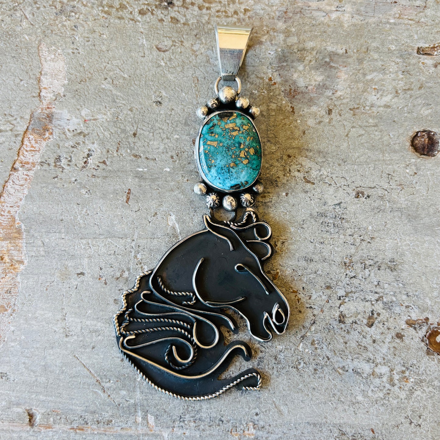 Navajo Miranda Willie Sterling Silver & Persian Turquoise Horse Head Pendant