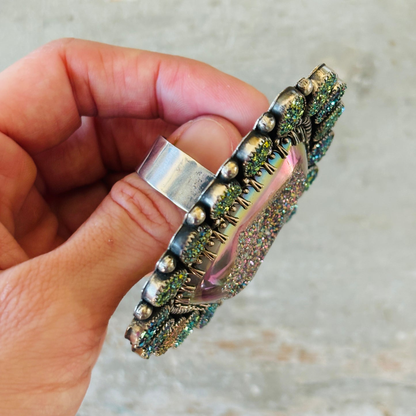 Navajo Hemerson Brown Sterling Silver & Druzy Statement Ring