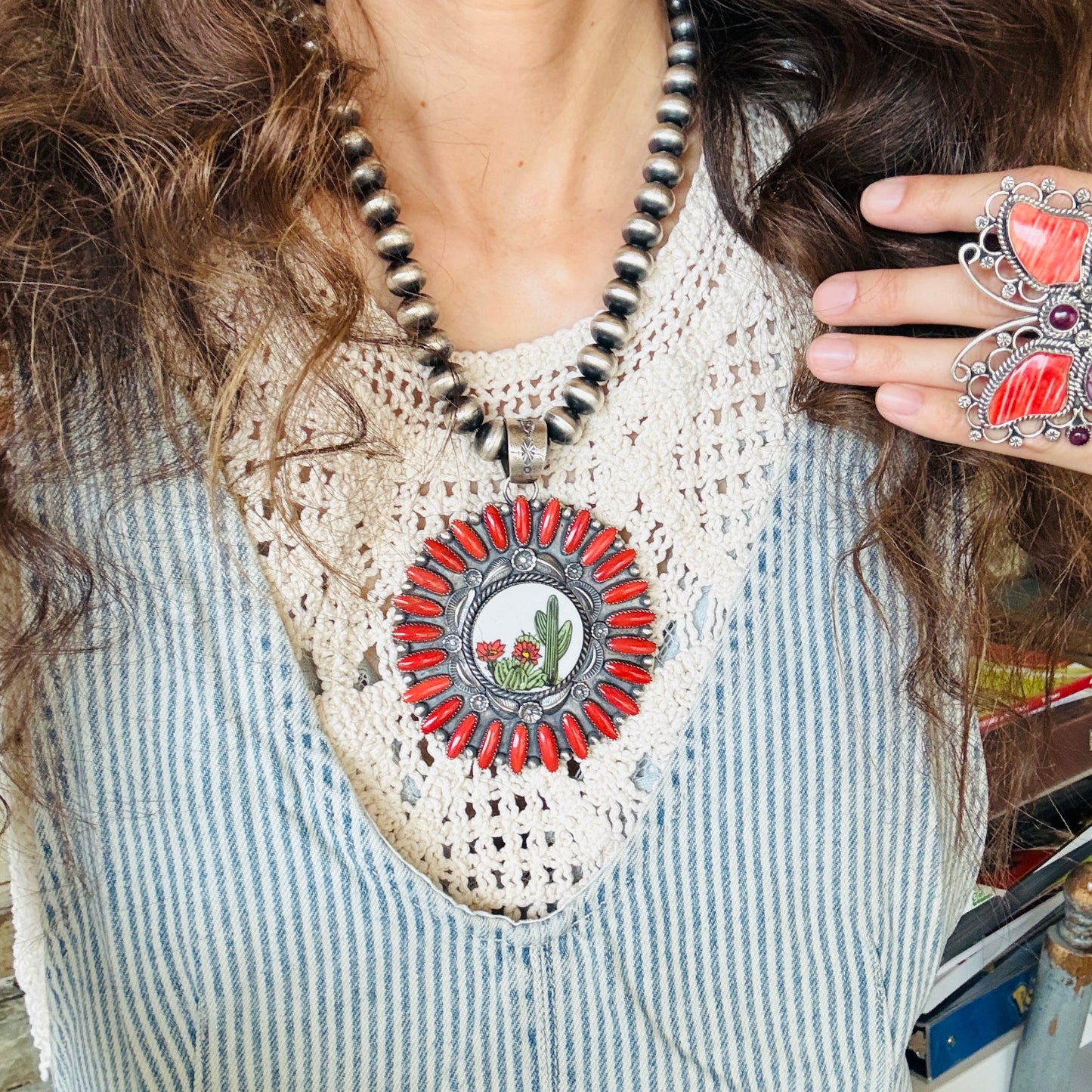 Navajo Kindale Billah Sterling Silver - Ceramic & Mediterranean Red Coral Cactus Pendant