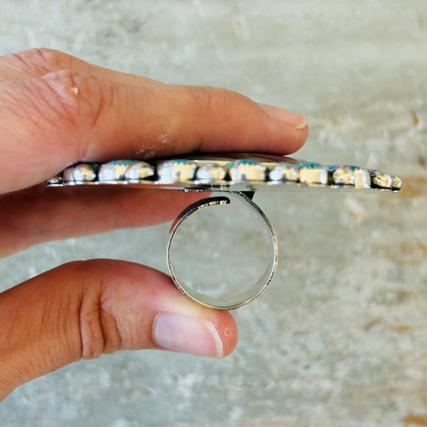 Navajo Hemerson Brown Sterling Silver - Abalone & Purple Lab Opal Cluster Statement Ring