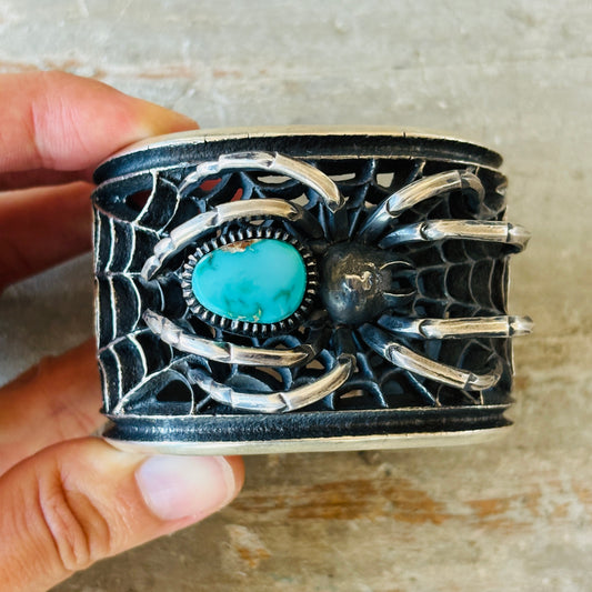 Navajo Floyd Parkhurst Sterling Silver & Carico Lake Turquoise Spider Tufa Cast Cuff