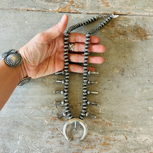 Navajo Austin Haley Sterling Silver 8mm Fluted Handmade Pearls Squash Blossom Necklace