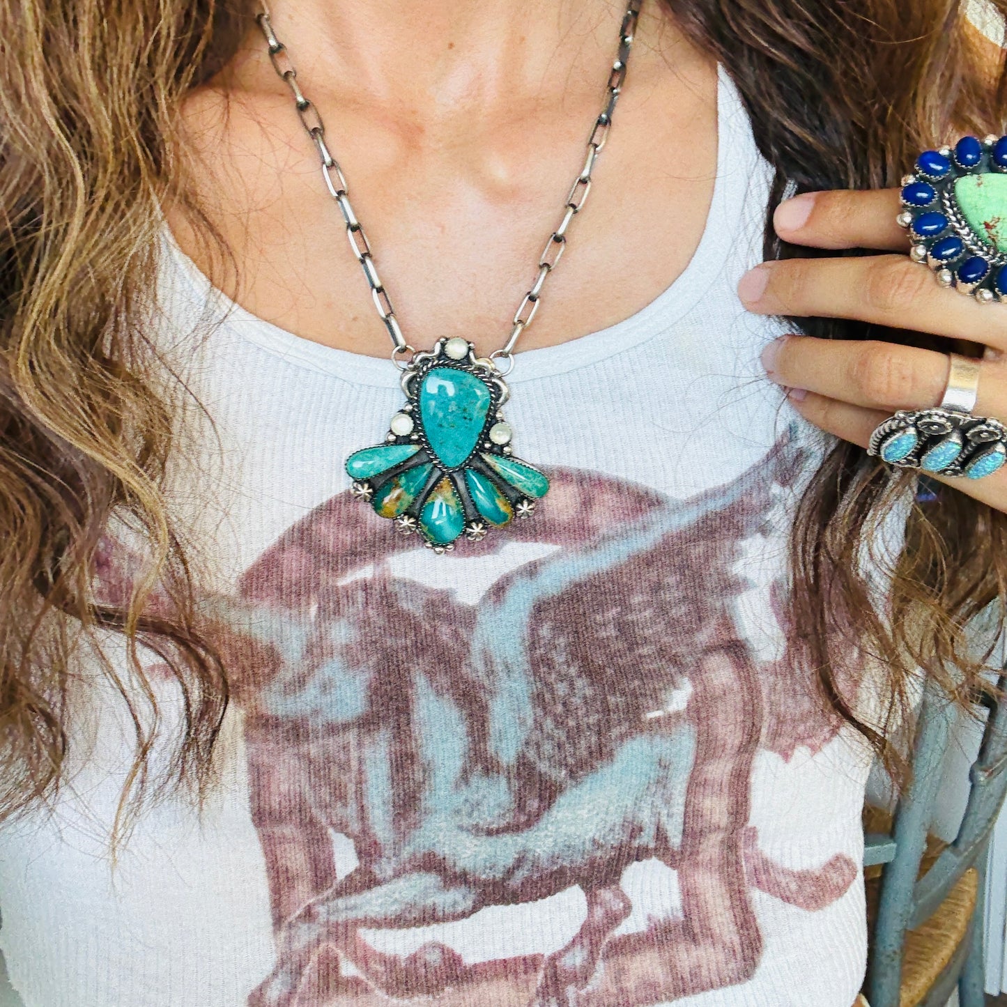 Navajo Lorenzo & Jerilyn Chee Sterling Silver - Shell & Kingman Turquoise Cluster Necklace