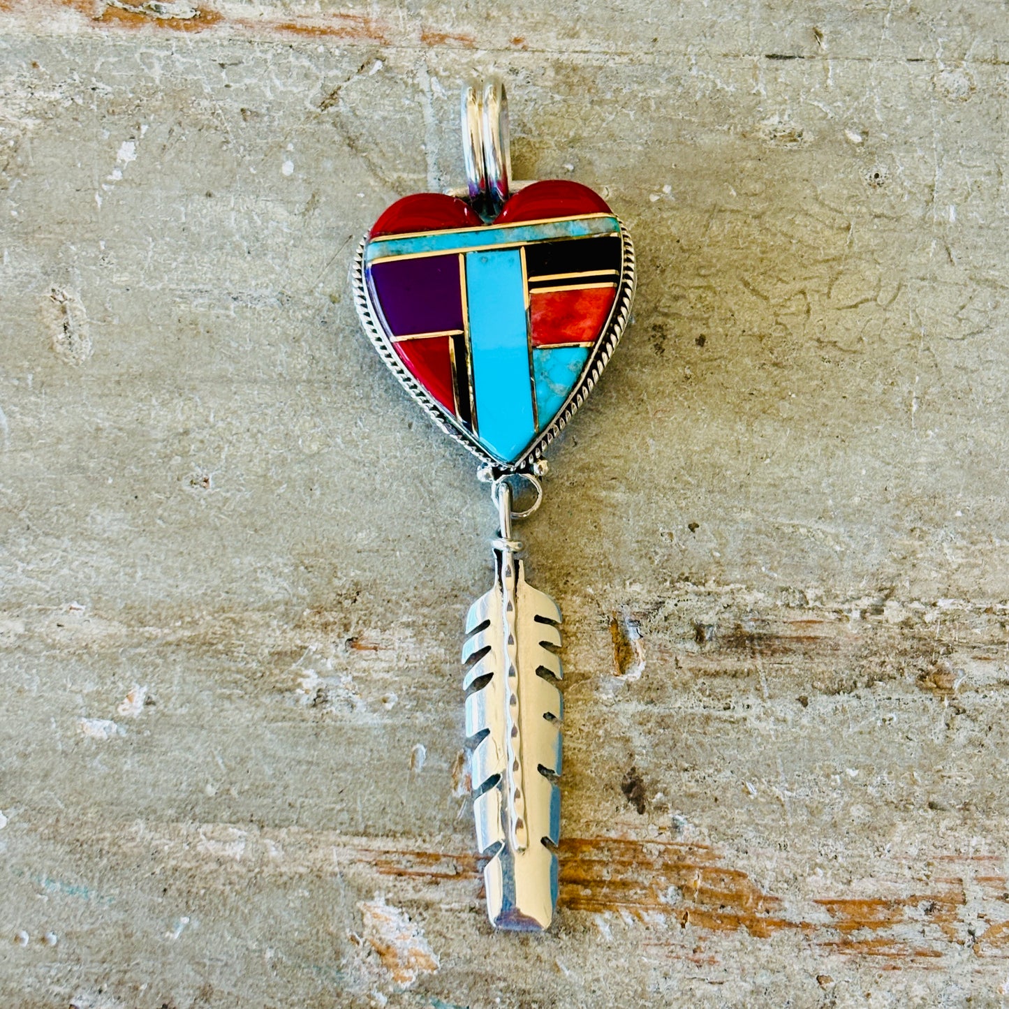Navajo Signed Sterling Silver Multi Stone Heart Pendant