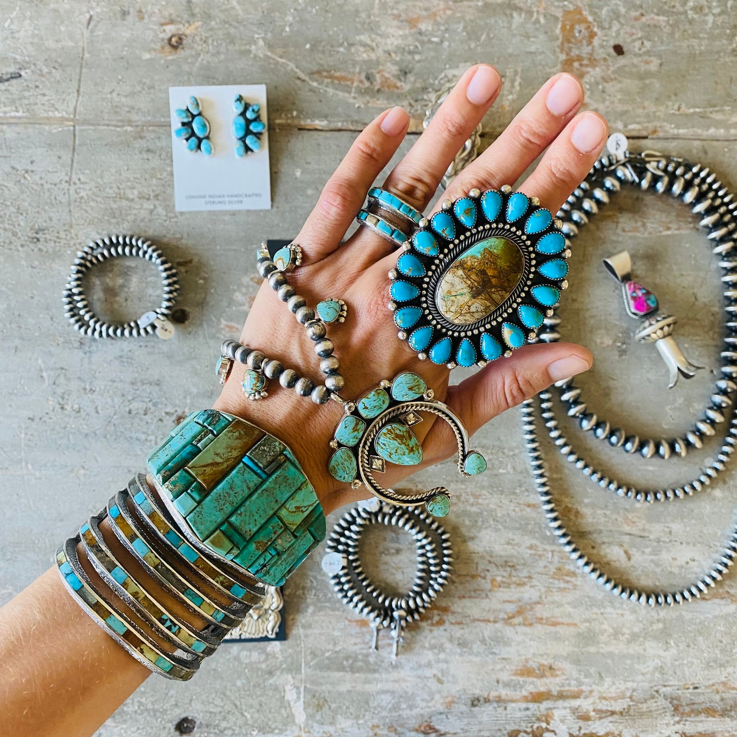 Navajo Harold Joe Sterling Silver & China Mountain Turquoise Horseshoe Earrings