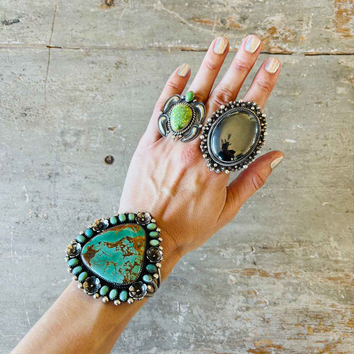 Navajo Marcus Chavez Sterling Silver & Kingman Turquoise Floral Statement Cuff