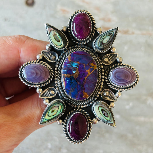 Navajo Hemerson Brown Sterling Silver Multi Stone Cluster Statement Ring