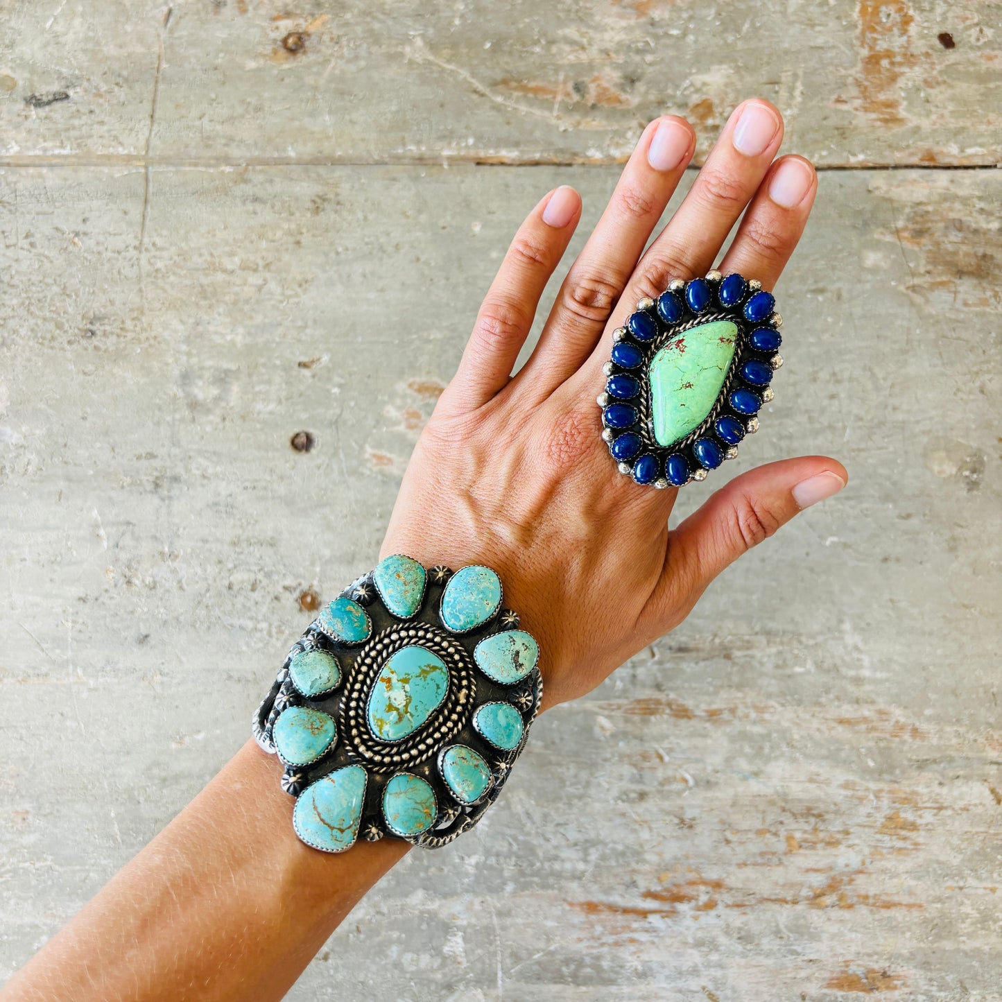Navajo Kindale Billah Sterling Silver & Royston Turquoise Cluster Statement Cuff