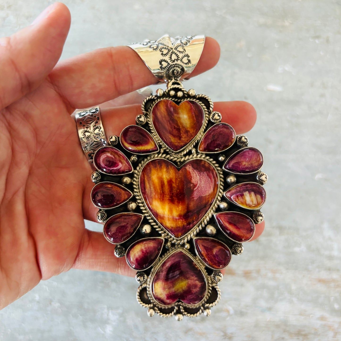 Navajo Tyler Brown Sterling Silver & Purple Spiny Hearts Statement Pendant