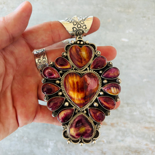 Navajo Tyler Brown Sterling Silver & Purple Spiny Hearts Statement Pendant