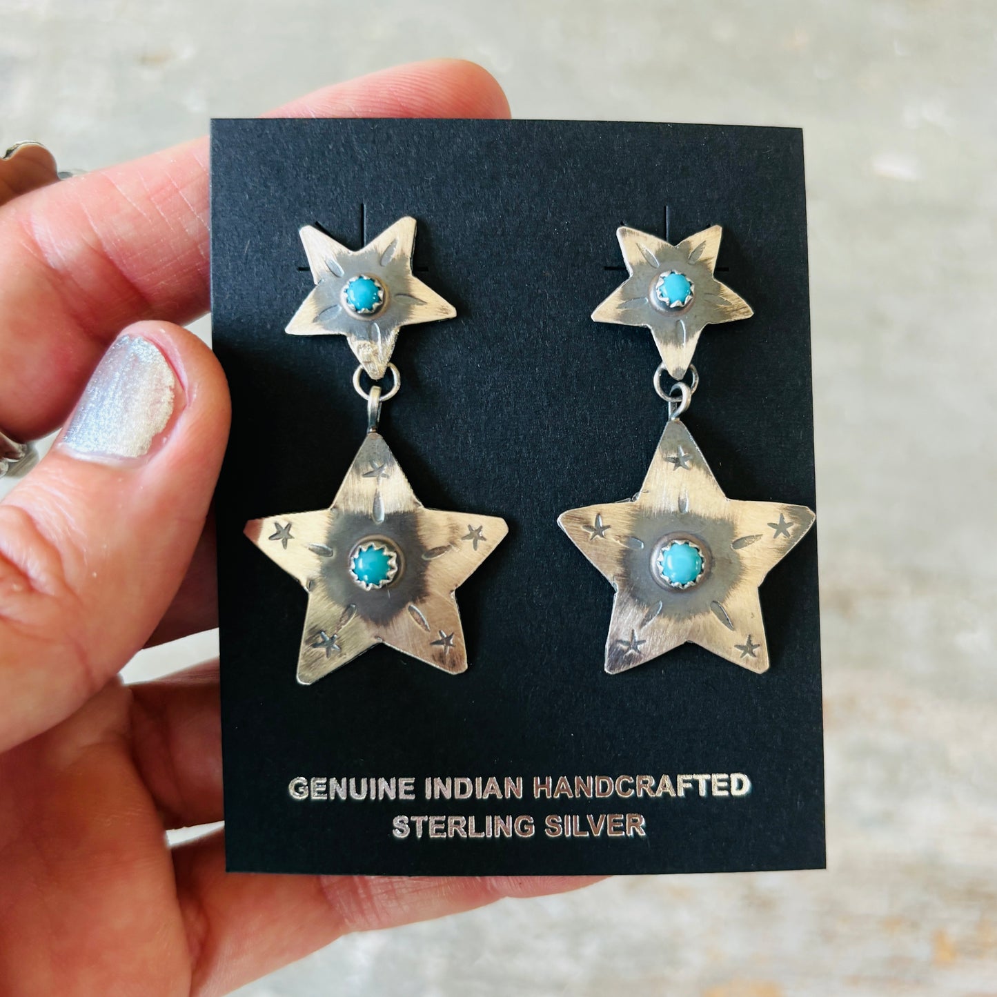 Navajo Pauline Nelson Sterling Silver & Kingman Turquoise Star Earrings