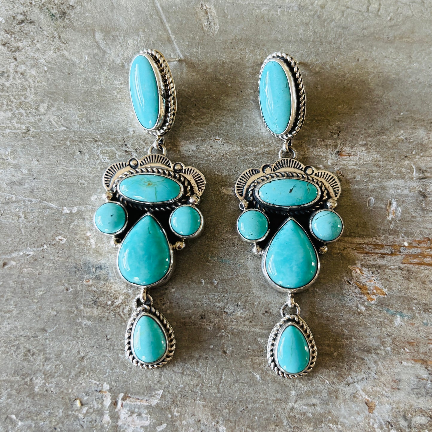 Navajo Signed Sterling Silver & Sonoran Turquoise Statement Earrings