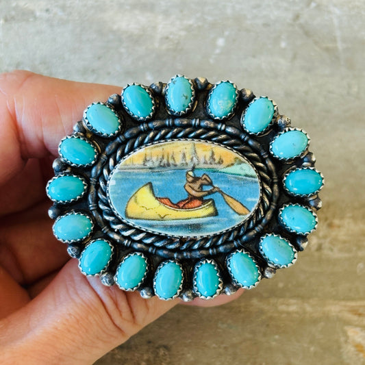 Navajo Kindale Billah Sterling Silver & Campitos Turquoise Canoe Ring