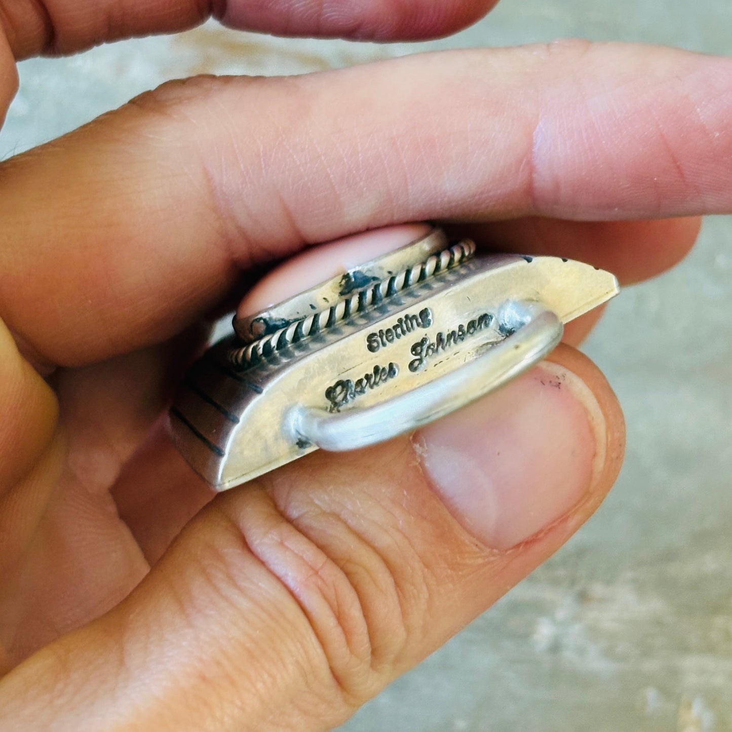 Navajo Charley Johnson Sterling Silver & Pink Conch Heart Lock Pendant