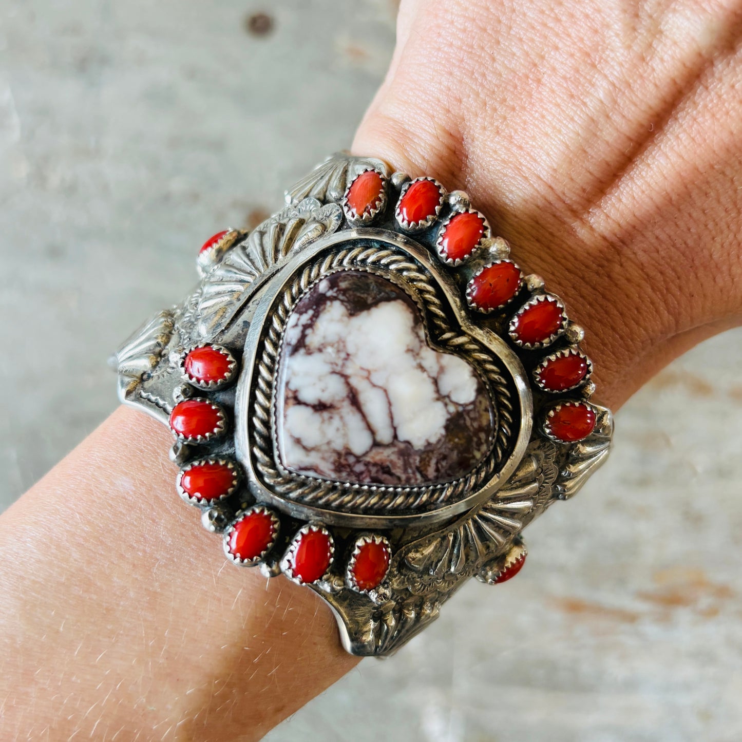 Navajo Glenn Livingston Sterling Silver - Red Coral & Wild Horse Jasper Heart Statement Cuff
