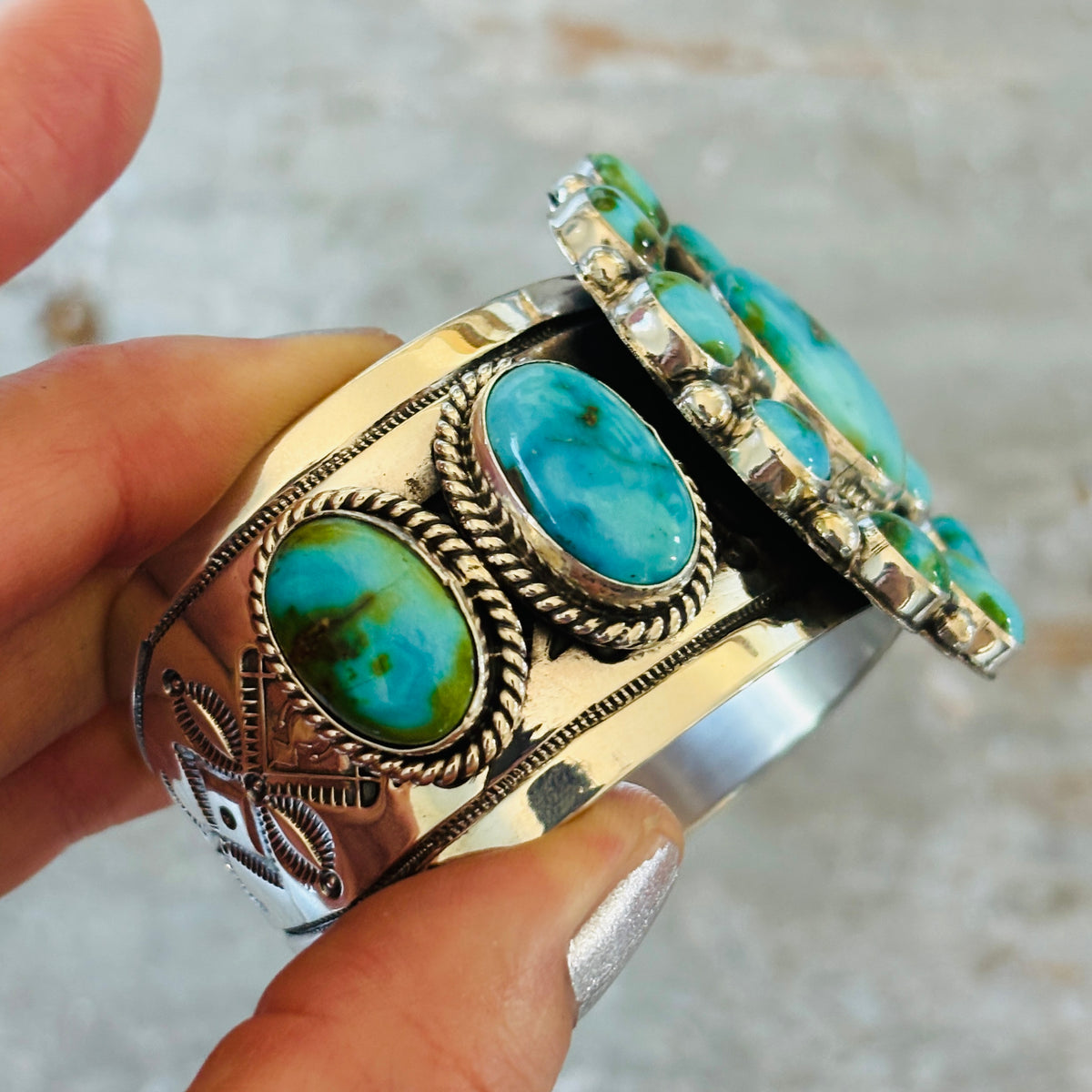 Navajo Hemerson Brown Sterling Silver & Sonoran Turquoise Cluster Statement Cuff