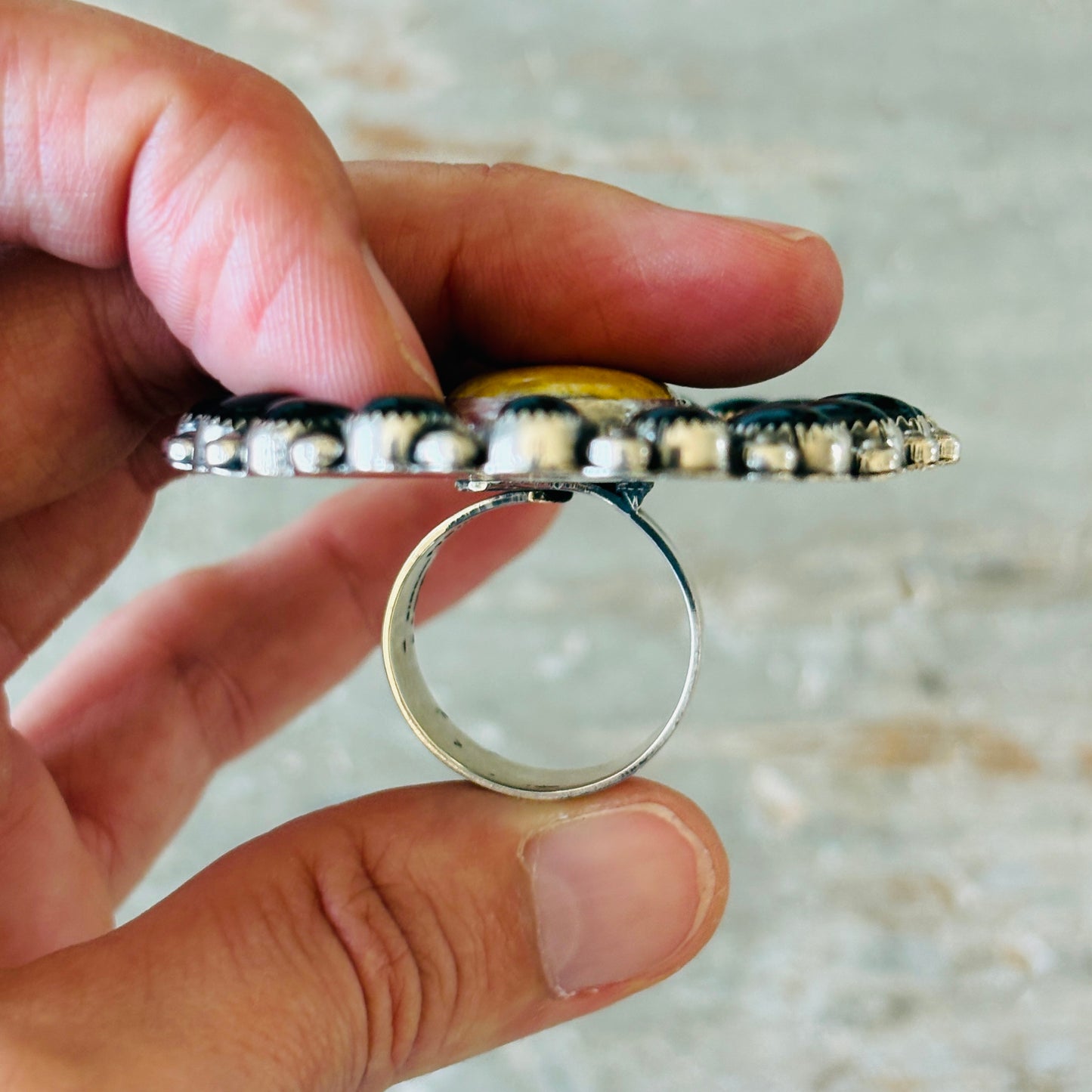 Navajo Hemerson Brown Sterling Silver - Black Onyx & Bumblebee Jasper Cluster Ring