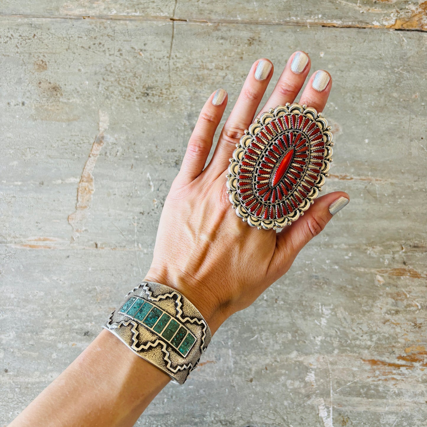 Navajo Yazzie Sterling Silver & Mediterranean Red Coral Cluster Statement Ring