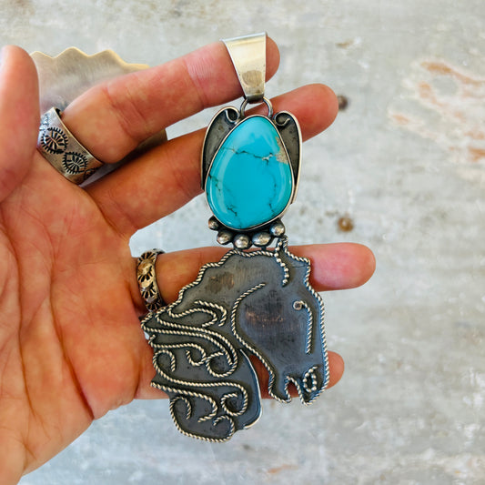Navajo Miranda Willie Sterling Silver & Kingman Turquoise Horse Head Pendant