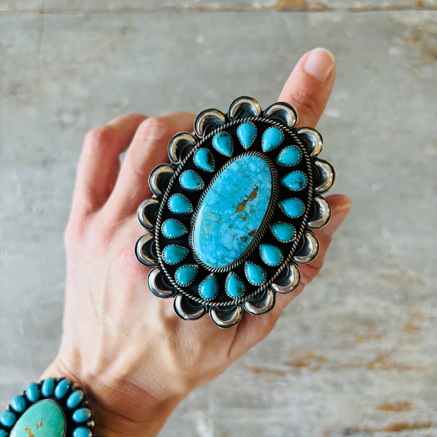 Navajo Hemerson Brown Sterling Silver & Kingman Turquoise Cluster Ring