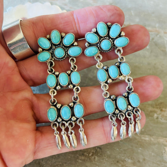Navajo Emma Ariviso Sterling Silver & Campitos Turquoise Cluster Statement Earrings